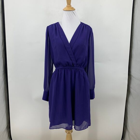 BCBGeneration Surplice Dress Womens XXS Royal Blue Cinch Waist Chiffon Sleeves - Picture 2 of 16
